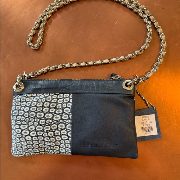 Daniella Lehavi Malika Clutch Navy Croco Leather Chain Crossbody Bag - Picture 1 of 7